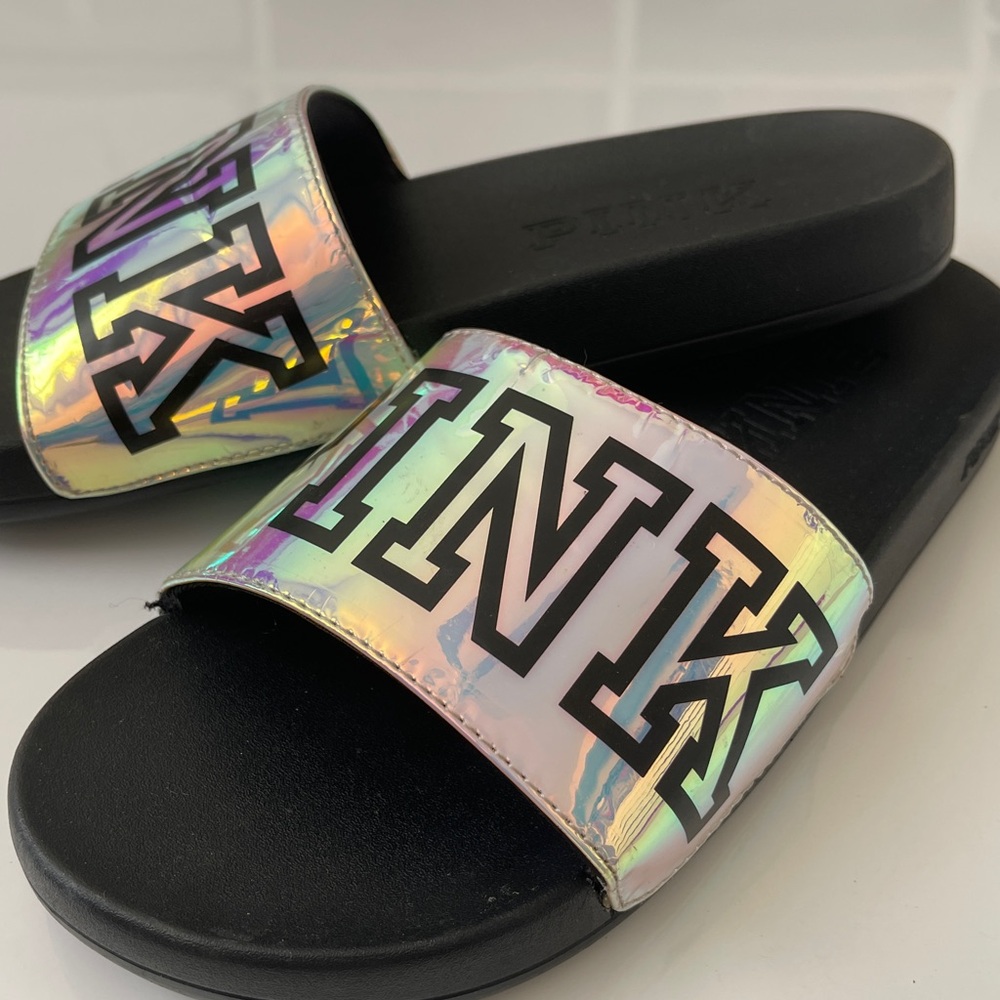 PINK Victoria's Secret Iridescent Black Slippers